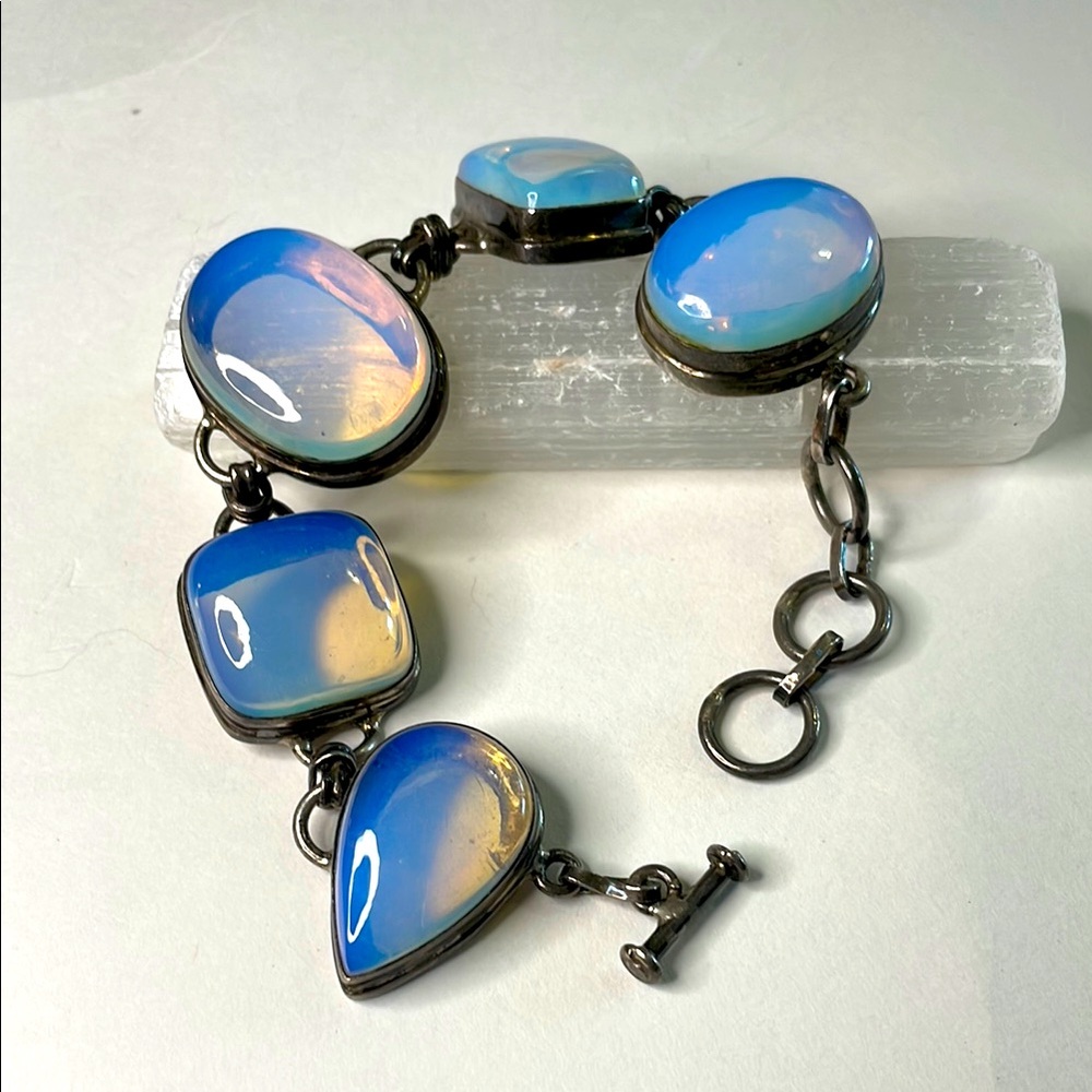 Vintage Blue Opalite Man-made Glass Stones Sterling Silver Toggle Clasp Bracelet